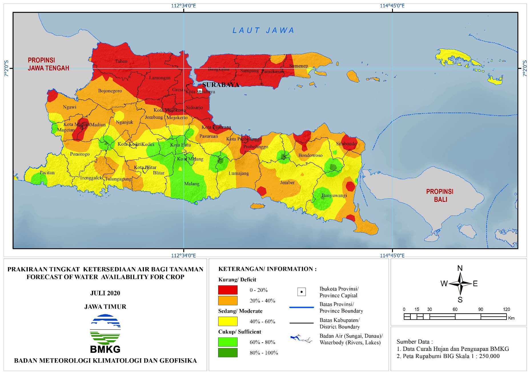 (Prakiraan - Bulanan) Tingkat Ketersediaan Air Bagi Tanaman di Jawa Timur Untuk Bulan JULI Tahun 2020 Update dari Analisis Bulan Maret 2020