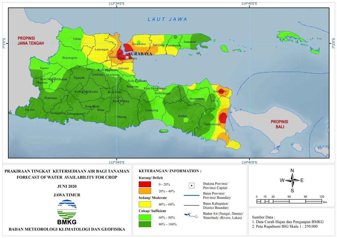 (Prakiraan - Bulanan) Tingkat Ketersediaan Air Bagi Tanaman di Jawa Timur Untuk Bulan JUNI Tahun 2020 Update dari Analisis Bulan April 2020