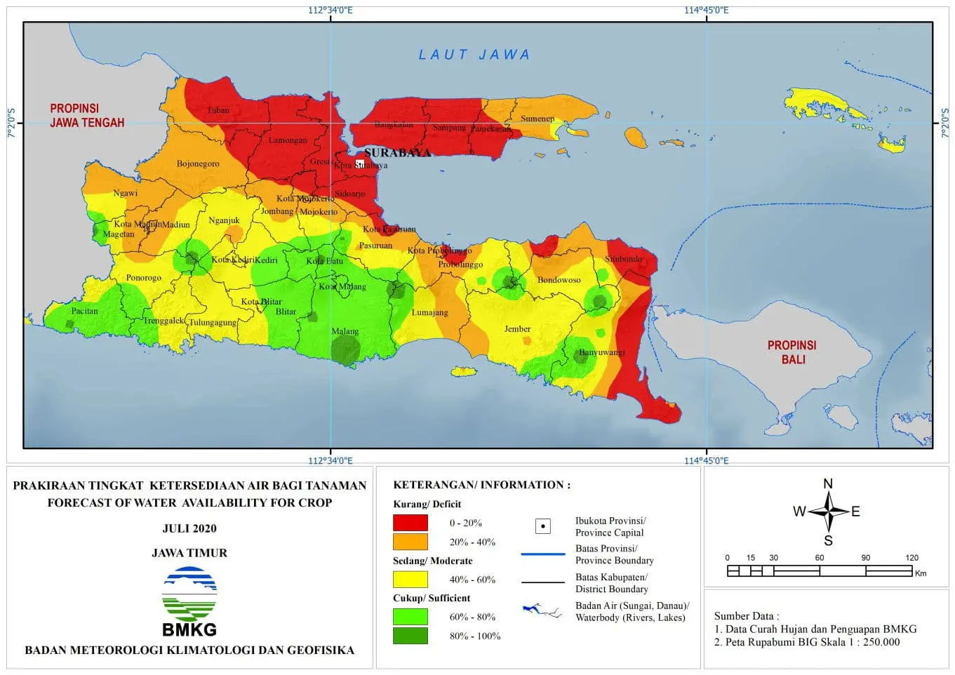 (Prakiraan - Bulanan) Tingkat Ketersediaan Air Bagi Tanaman di Jawa Timur Untuk Bulan JULI Tahun 2020 Update dari Analisis Bulan April 2020