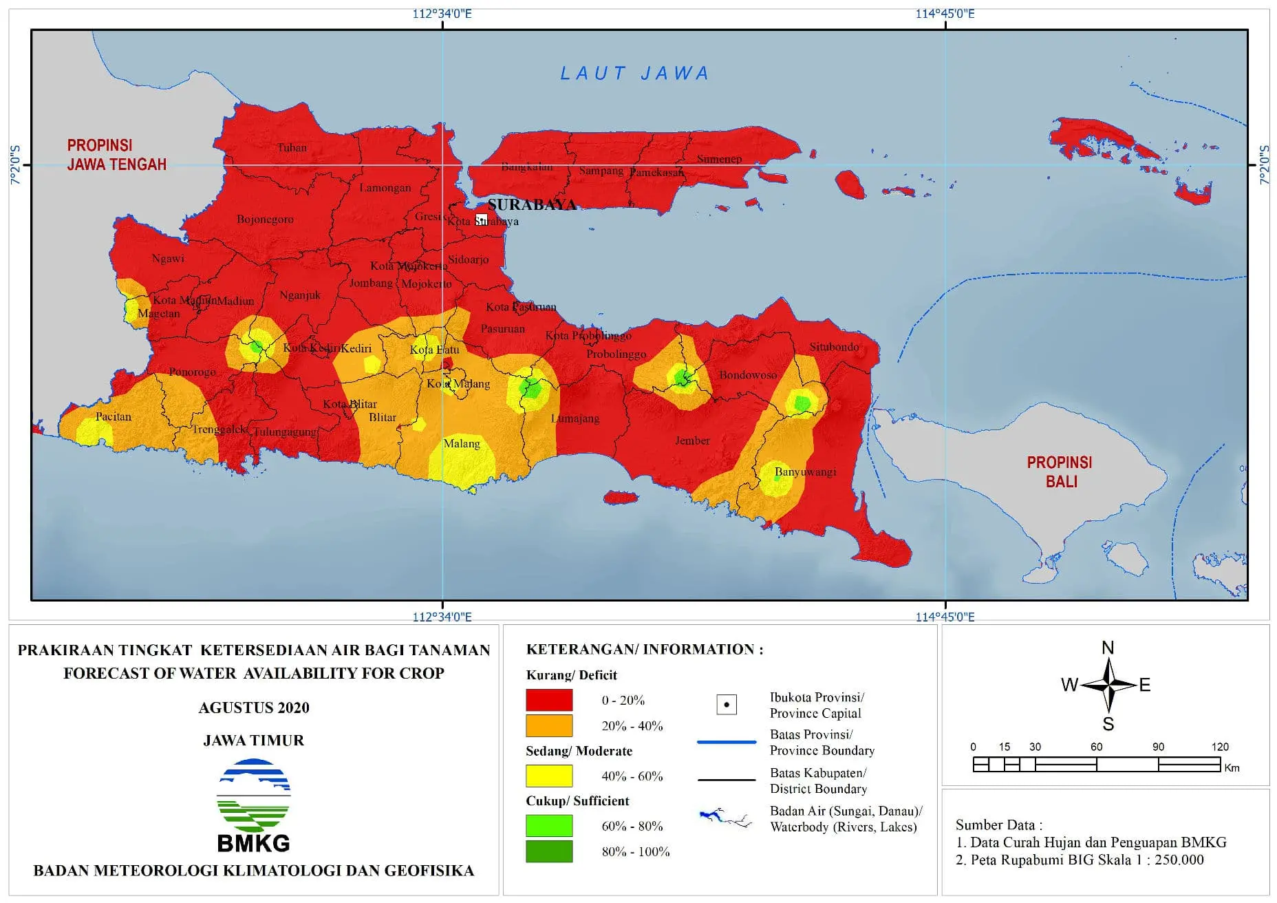 (Prakiraan - Bulanan) Tingkat Ketersediaan Air Bagi Tanaman di Jawa Timur Untuk Bulan AGUSTUS Tahun 2020 Update dari Analisis Bulan April 2020