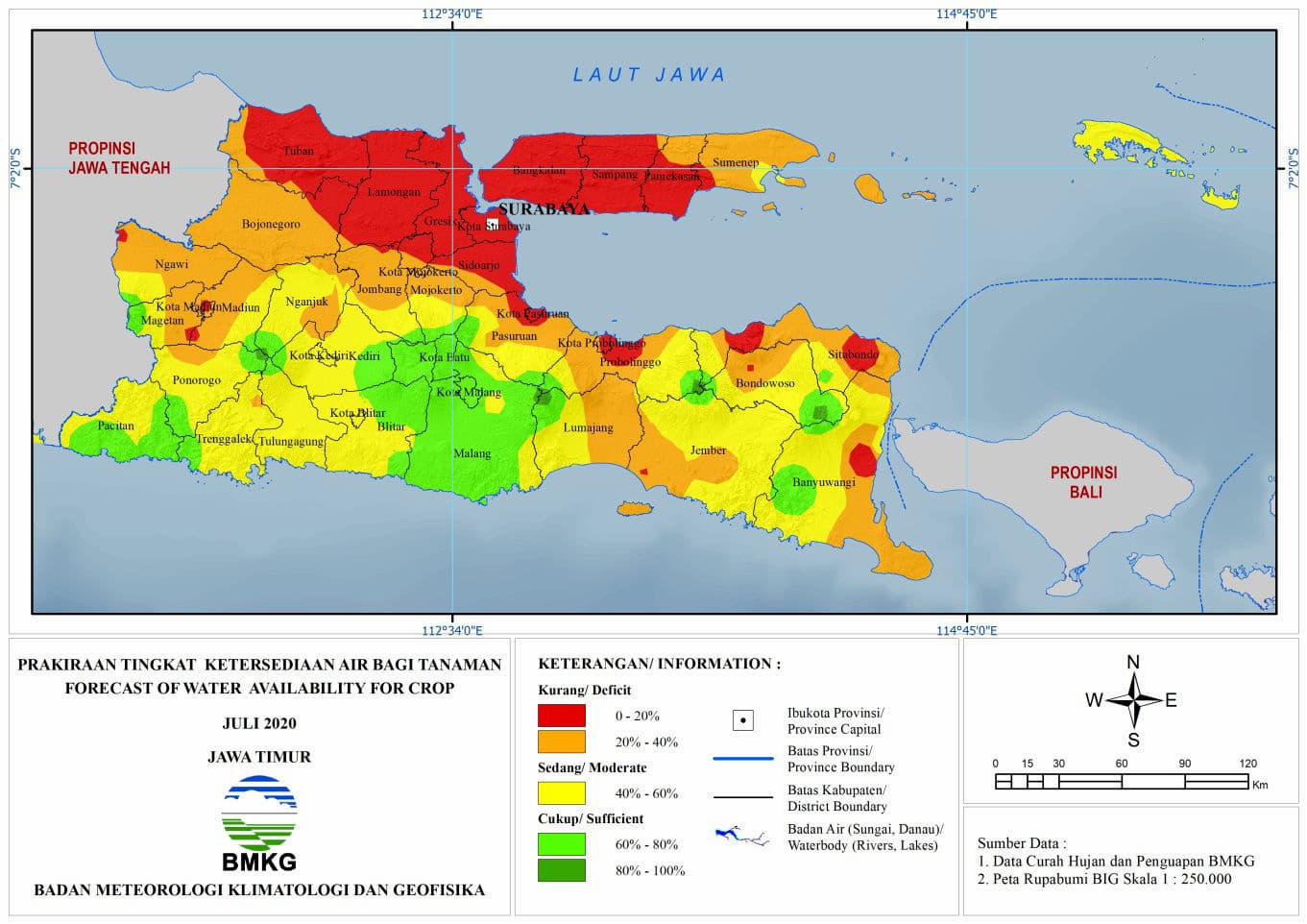 (Prakiraan - Bulanan) Tingkat Ketersediaan Air Bagi Tanaman di Jawa Timur Untuk Bulan JULI Tahun 2020 Update dari Analisis Bulan Mei 2020