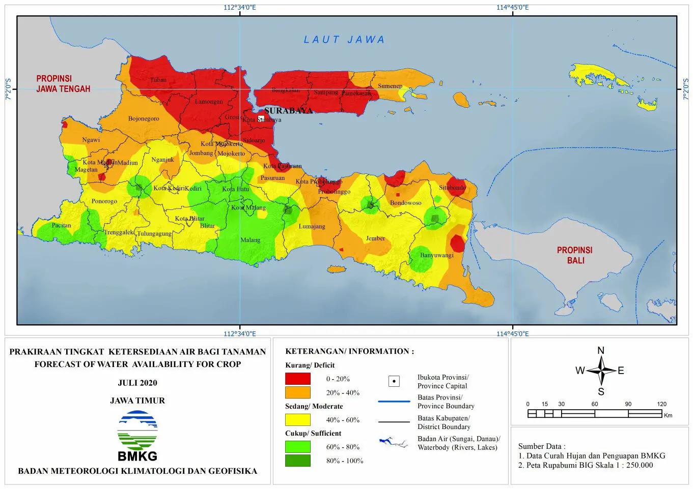 (Prakiraan - Bulanan) Tingkat Ketersediaan Air Bagi Tanaman di Jawa Timur Untuk Bulan JULI Tahun 2020 Update dari Analisis Bulan Mei 2020