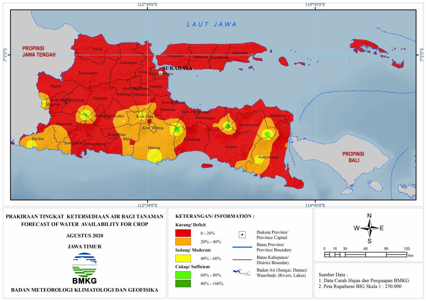 (Prakiraan - Bulanan) Tingkat Ketersediaan Air Bagi Tanaman di Jawa Timur Untuk Bulan AGUSTUS Tahun 2020 Update dari Analisis Bulan Mei 2020