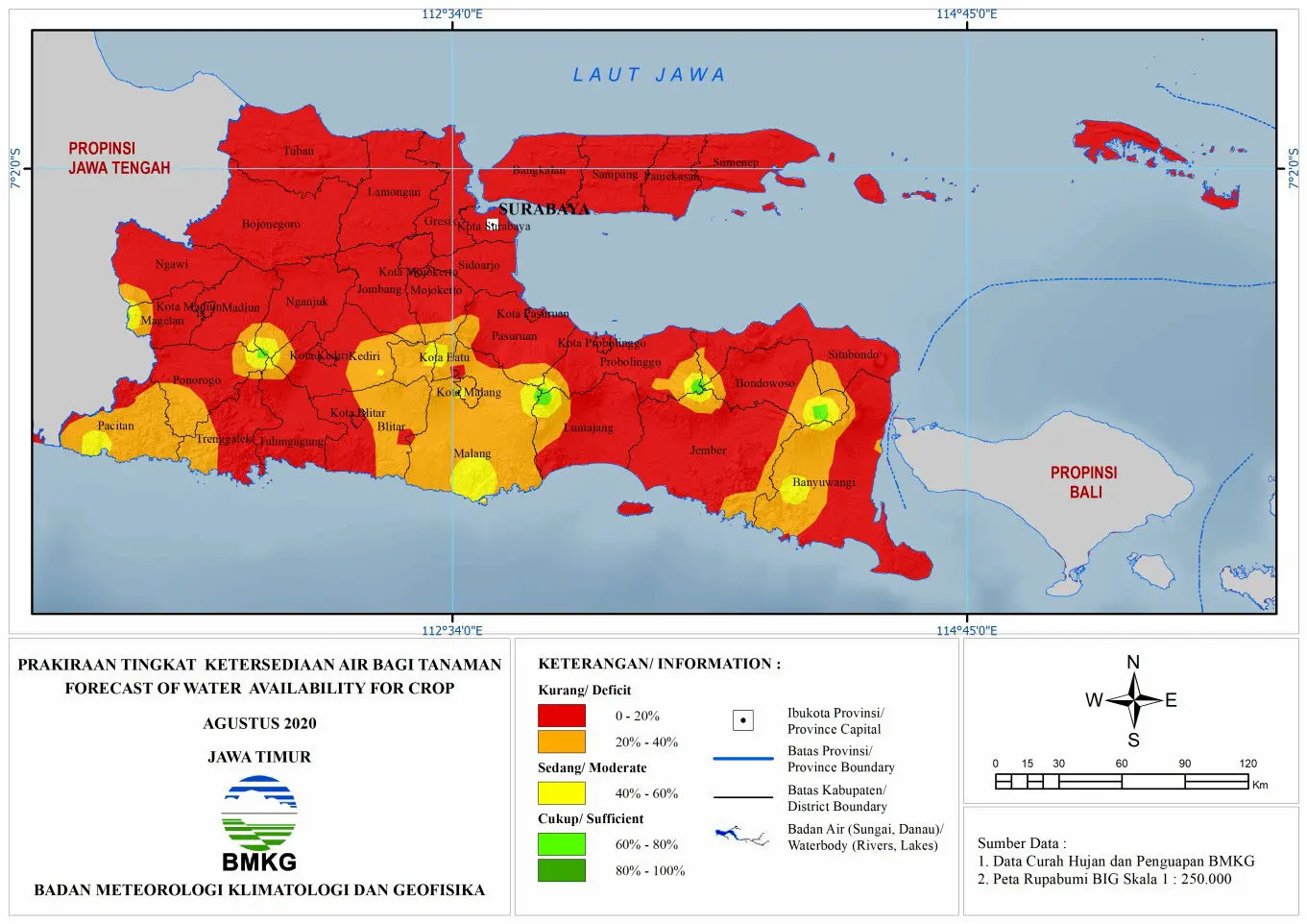 (Prakiraan - Bulanan) Tingkat Ketersediaan Air Bagi Tanaman di Jawa Timur Untuk Bulan AGUSTUS Tahun 2020 Update dari Analisis Bulan Mei 2020