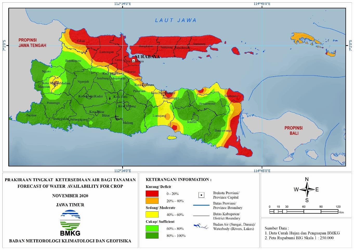 (Prakiraan - Bulanan) Tingkat Ketersediaan Air Bagi Tanaman di Jawa Timur Untuk Bulan NOVEMBER Tahun 2020 Update dari Analisis Bulan Juli 2020