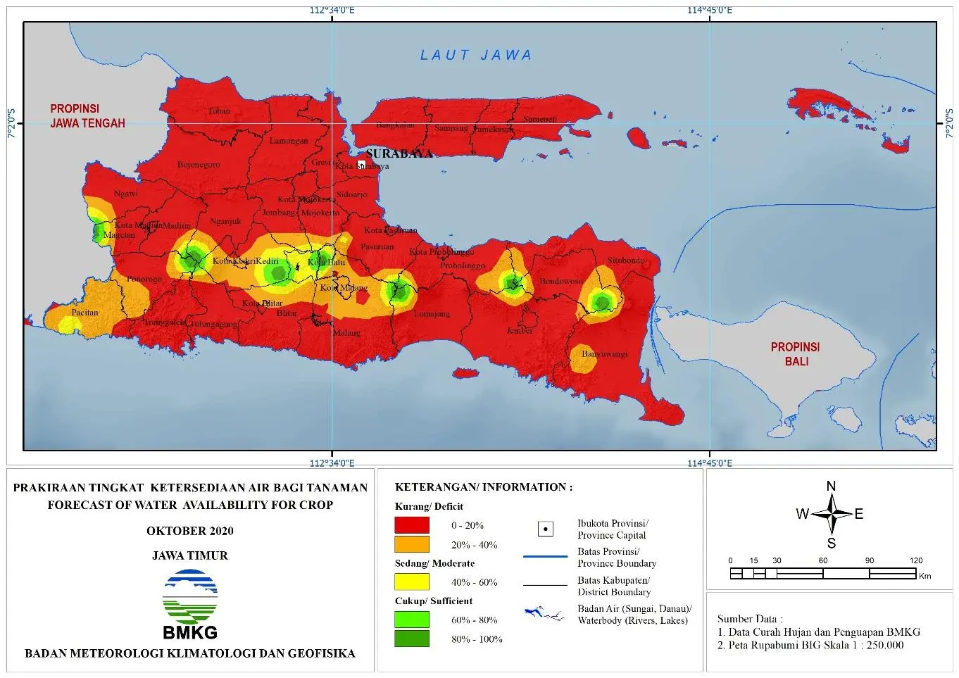 (Prakiraan - Bulanan) Tingkat Ketersediaan Air Bagi Tanaman di Jawa Timur Untuk Bulan OKTOBER Tahun 2020 Update dari Analisis Bulan Agustus 2020