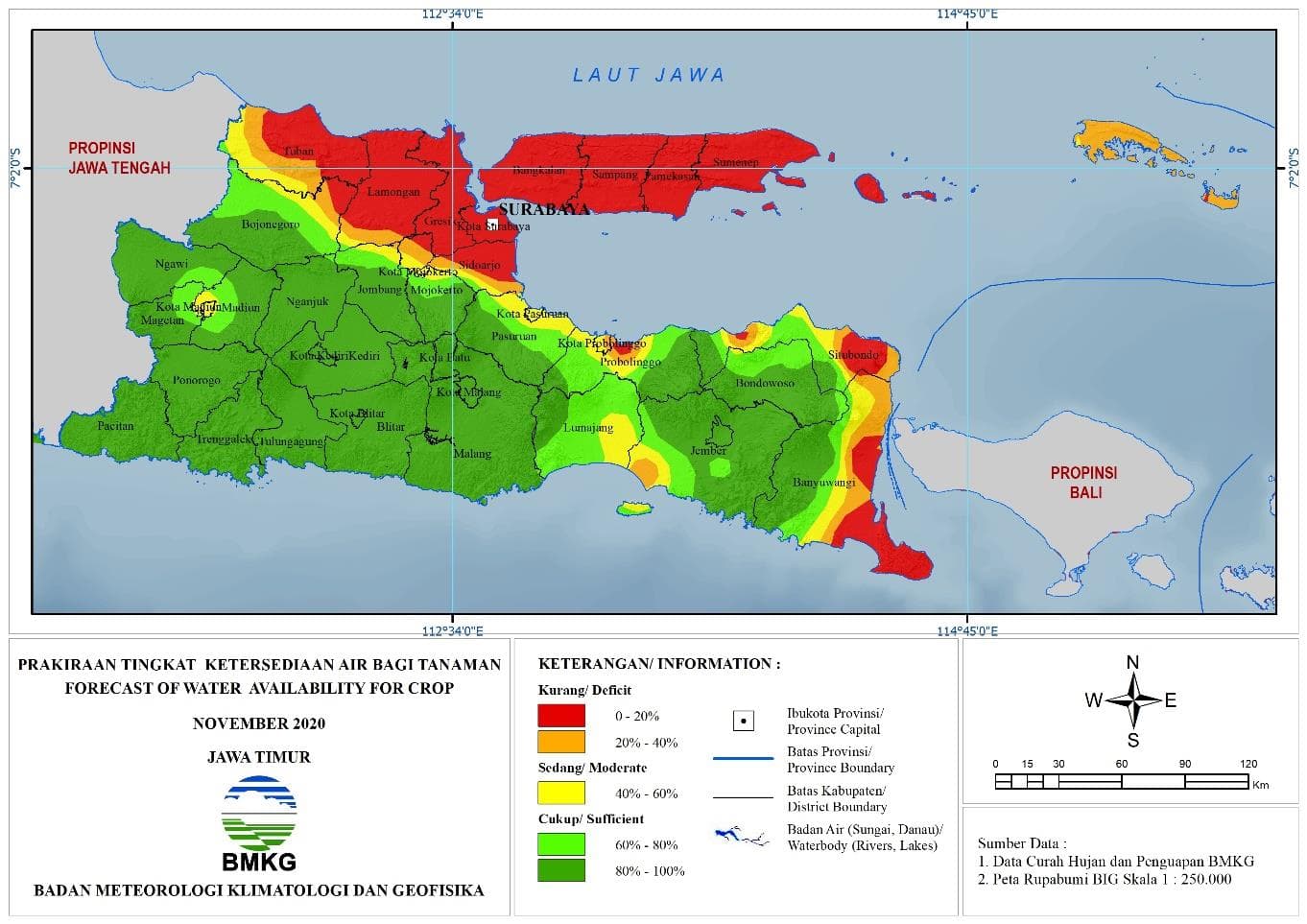 (Prakiraan - Bulanan) Tingkat Ketersediaan Air Bagi Tanaman di Jawa Timur Untuk Bulan NOVEMBER Tahun 2020 Update dari Analisis Bulan Agustus 2020