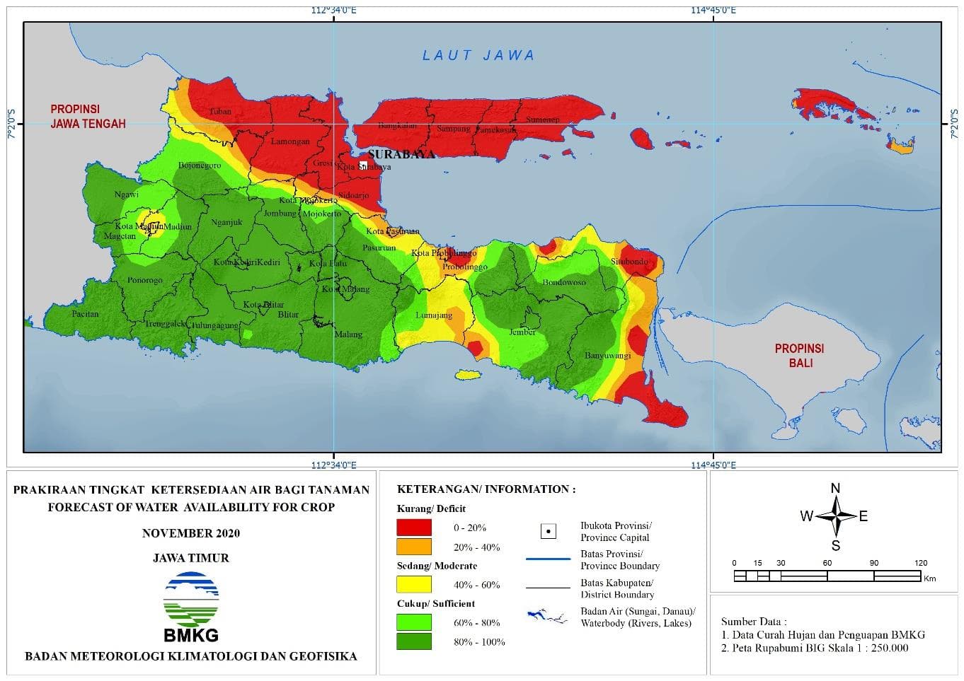 (Prakiraan - Bulanan) Tingkat Ketersediaan Air Bagi Tanaman di Jawa Timur Untuk Bulan NOVEMBER Tahun 2020 Update dari Analisis Bulan September 2020