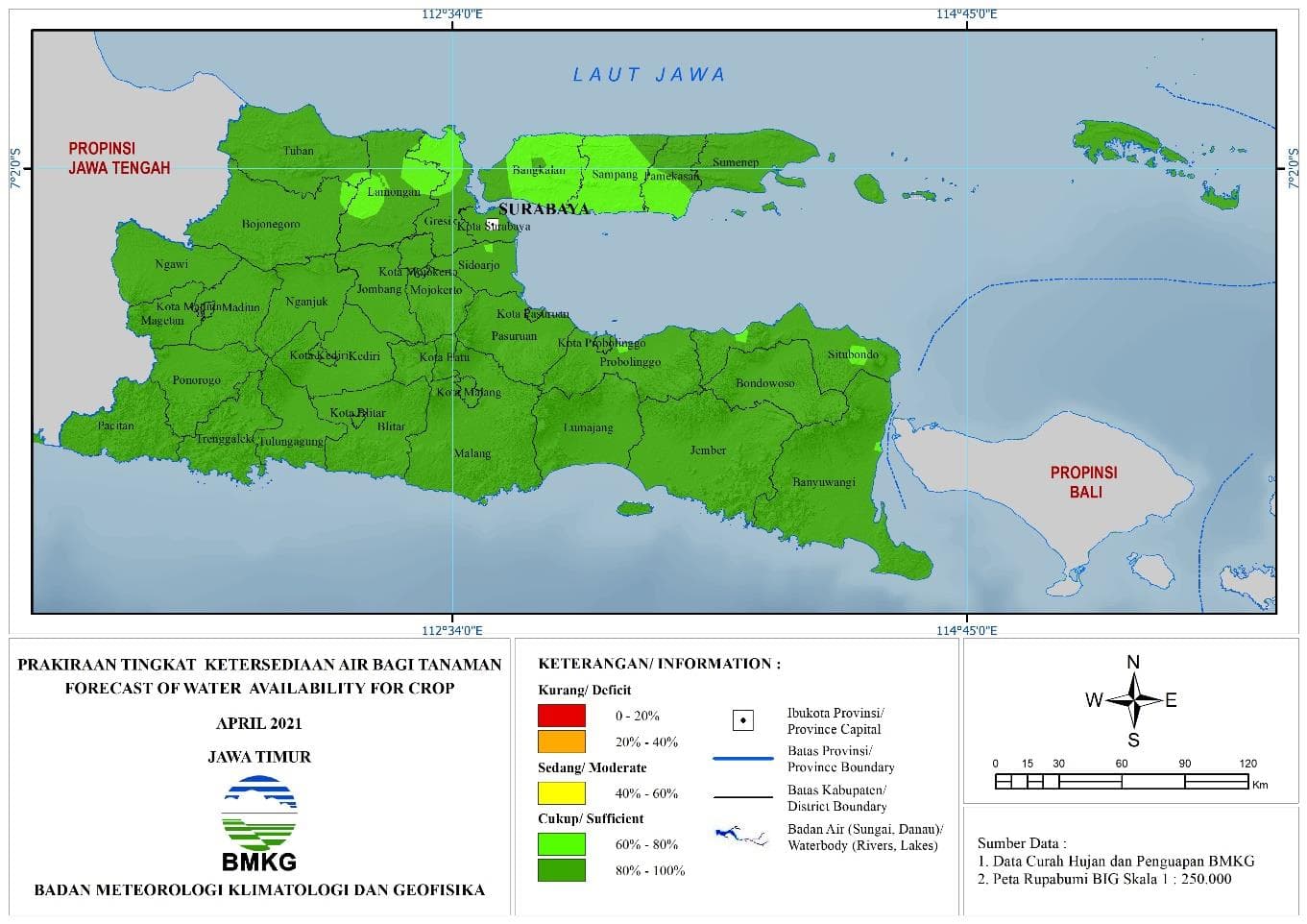(Prakiraan - Bulanan) Tingkat Ketersediaan Air Bagi Tanaman di Jawa Timur Untuk Bulan APRIL Tahun 2021 Update dari Analisis Bulan Februari 2021