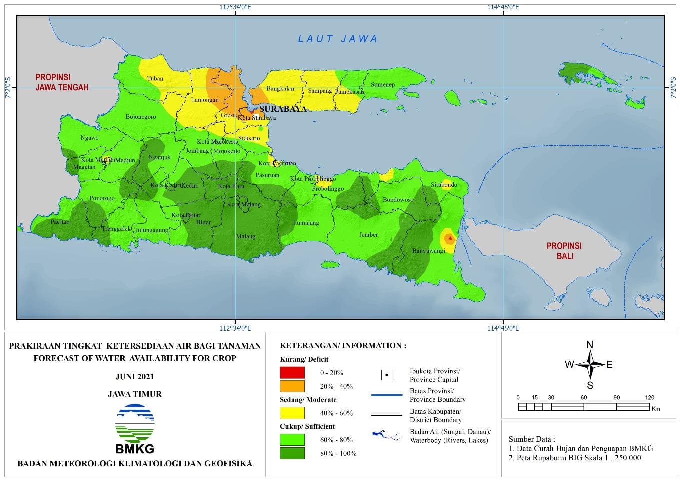 (Prakiraan - Bulanan) Tingkat Ketersediaan Air Bagi Tanaman di Jawa Timur Untuk Bulan JUNI Tahun 2021 Update dari Analisis Bulan Februari 2021
