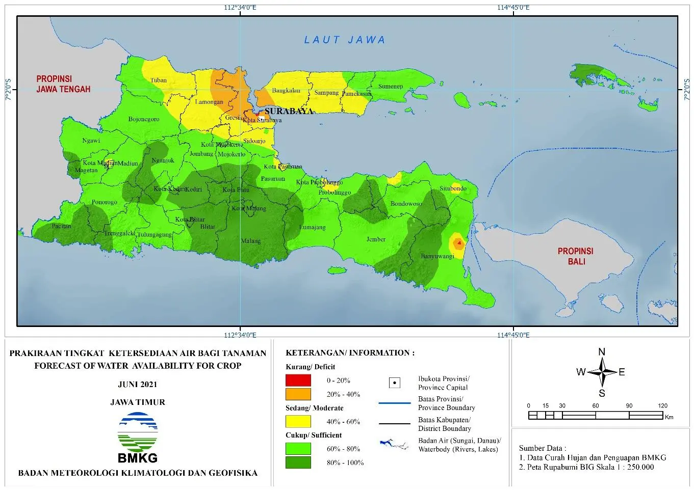 (Prakiraan - Bulanan) Tingkat Ketersediaan Air Bagi Tanaman di Jawa Timur Untuk Bulan JUNI Tahun 2021 Update dari Analisis Bulan Februari 2021