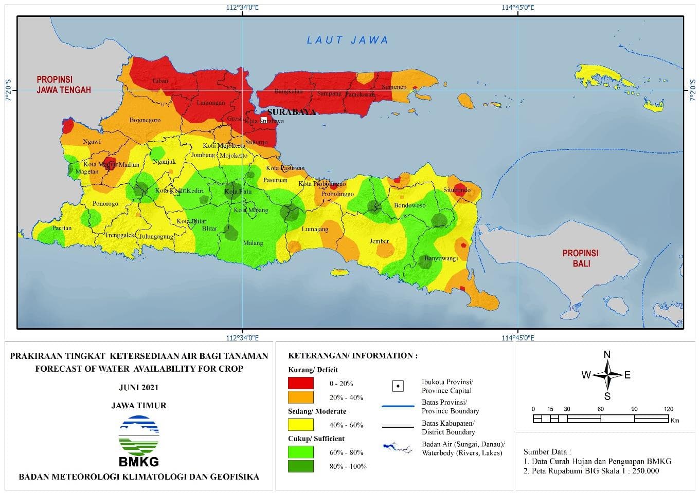(Prakiraan - Bulanan) Tingkat Ketersediaan Air Bagi Tanaman di Jawa Timur Untuk Bulan JUNI Tahun 2021 Update dari Analisis Bulan Maret 2021