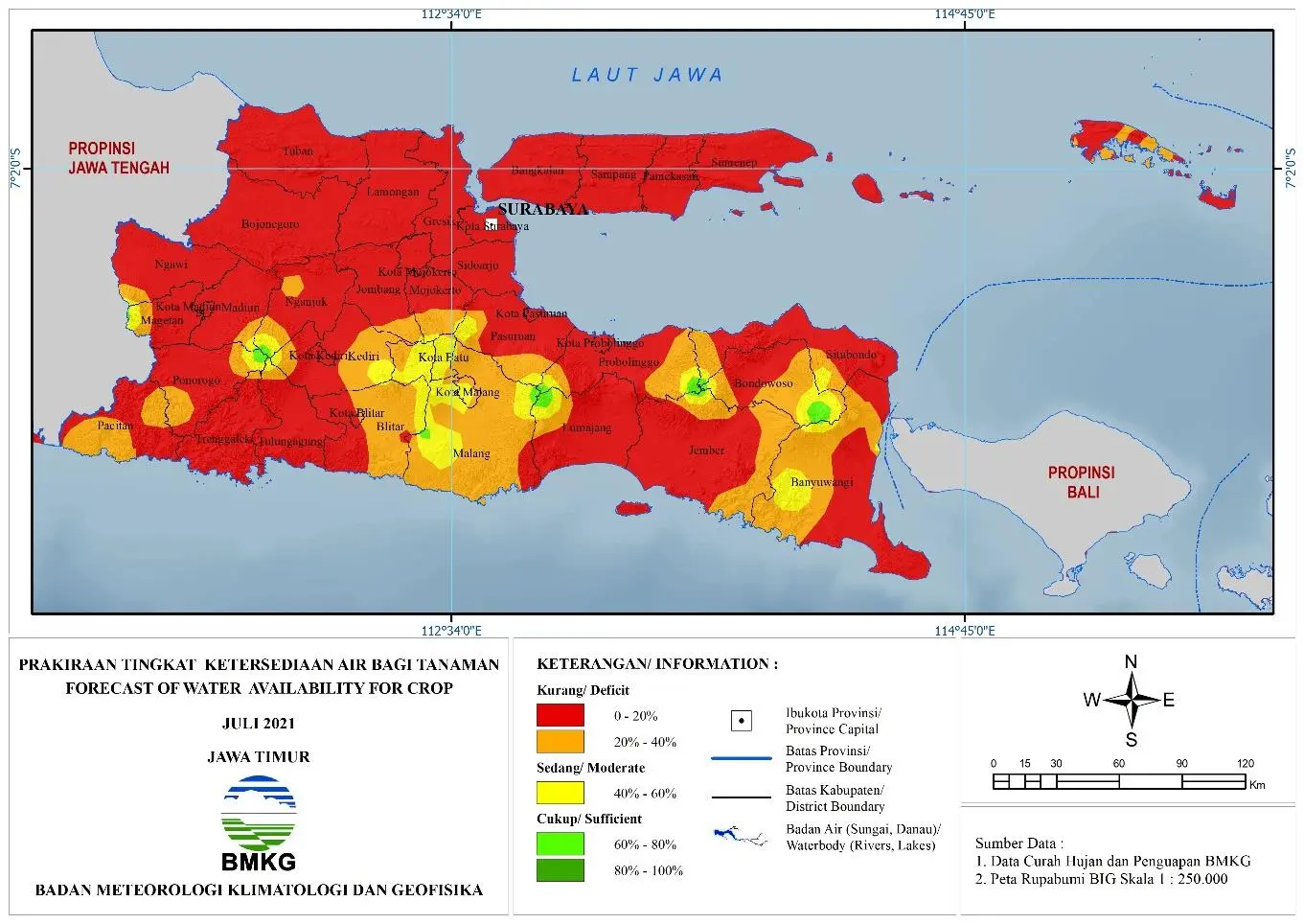 (Prakiraan - Bulanan) Tingkat Ketersediaan Air Bagi Tanaman di Jawa Timur Untuk Bulan JULI Tahun 2021 Update dari Analisis Bulan Maret 2021