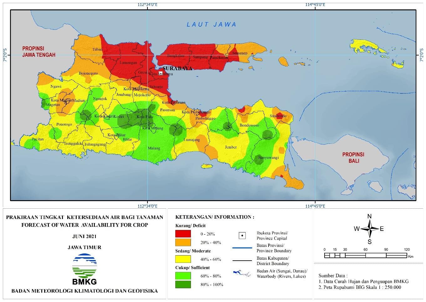 (Prakiraan - Bulanan) Tingkat Ketersediaan Air Bagi Tanaman di Jawa Timur Untuk Bulan JUNI Tahun 2021 Update dari Analisis Bulan April 2021