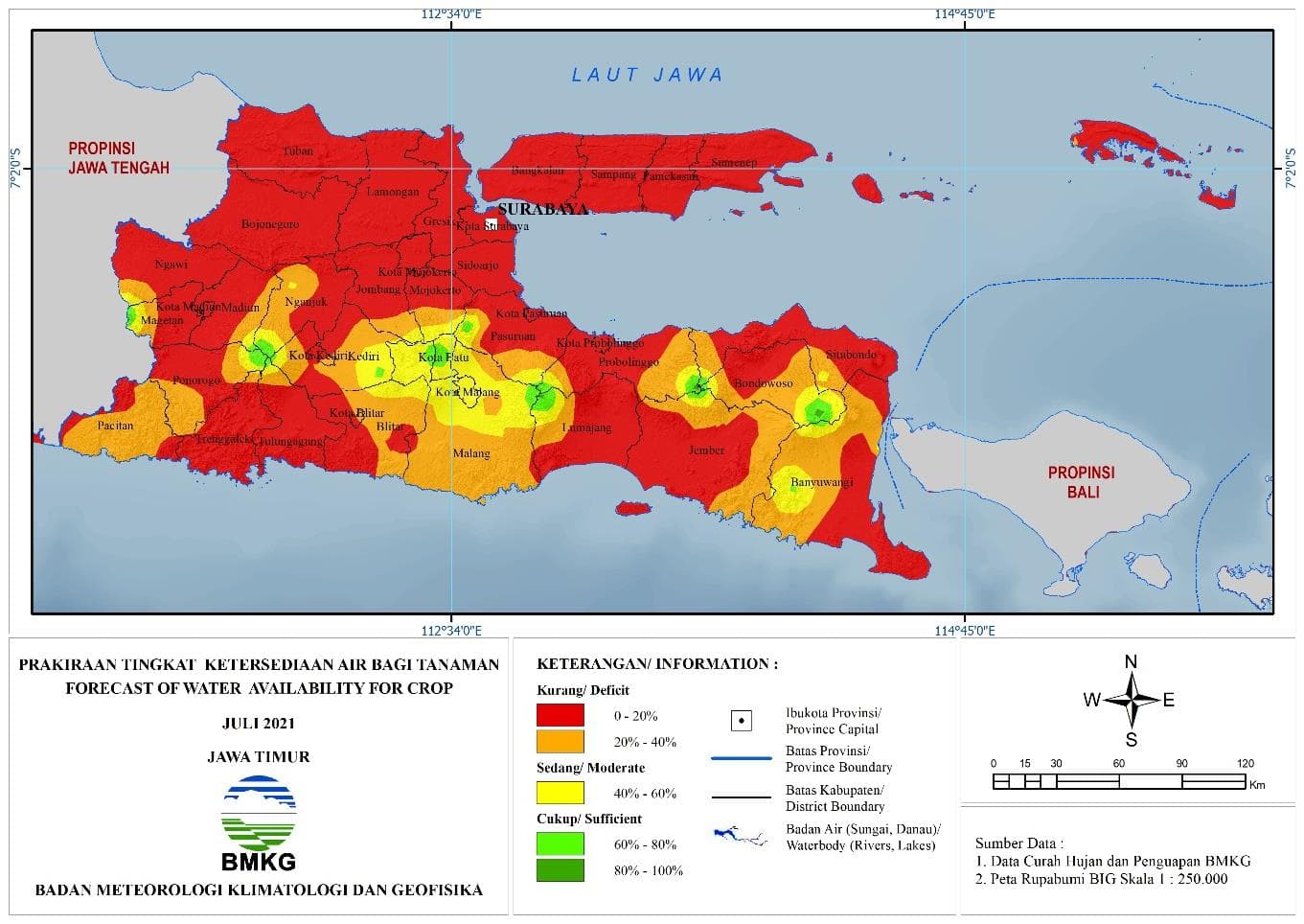 (Prakiraan - Bulanan) Tingkat Ketersediaan Air Bagi Tanaman di Jawa Timur Untuk Bulan JULI Tahun 2021 Update dari Analisis Bulan April 2021
