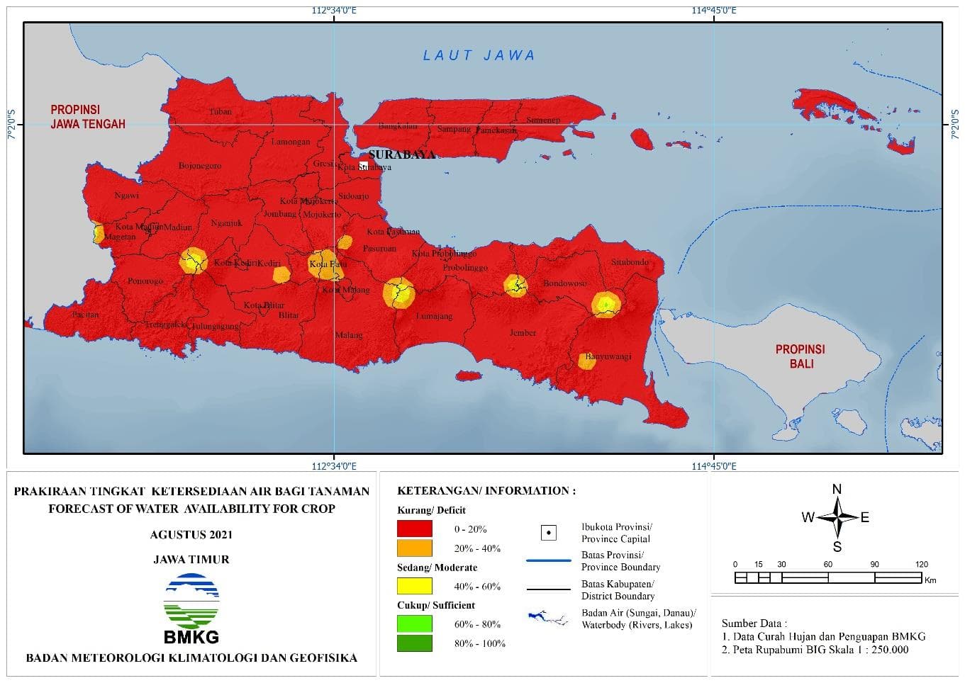 (Prakiraan - Bulanan) Tingkat Ketersediaan Air Bagi Tanaman di Jawa Timur Untuk Bulan AGUSTUS Tahun 2021 Update dari Analisis Bulan April 2021