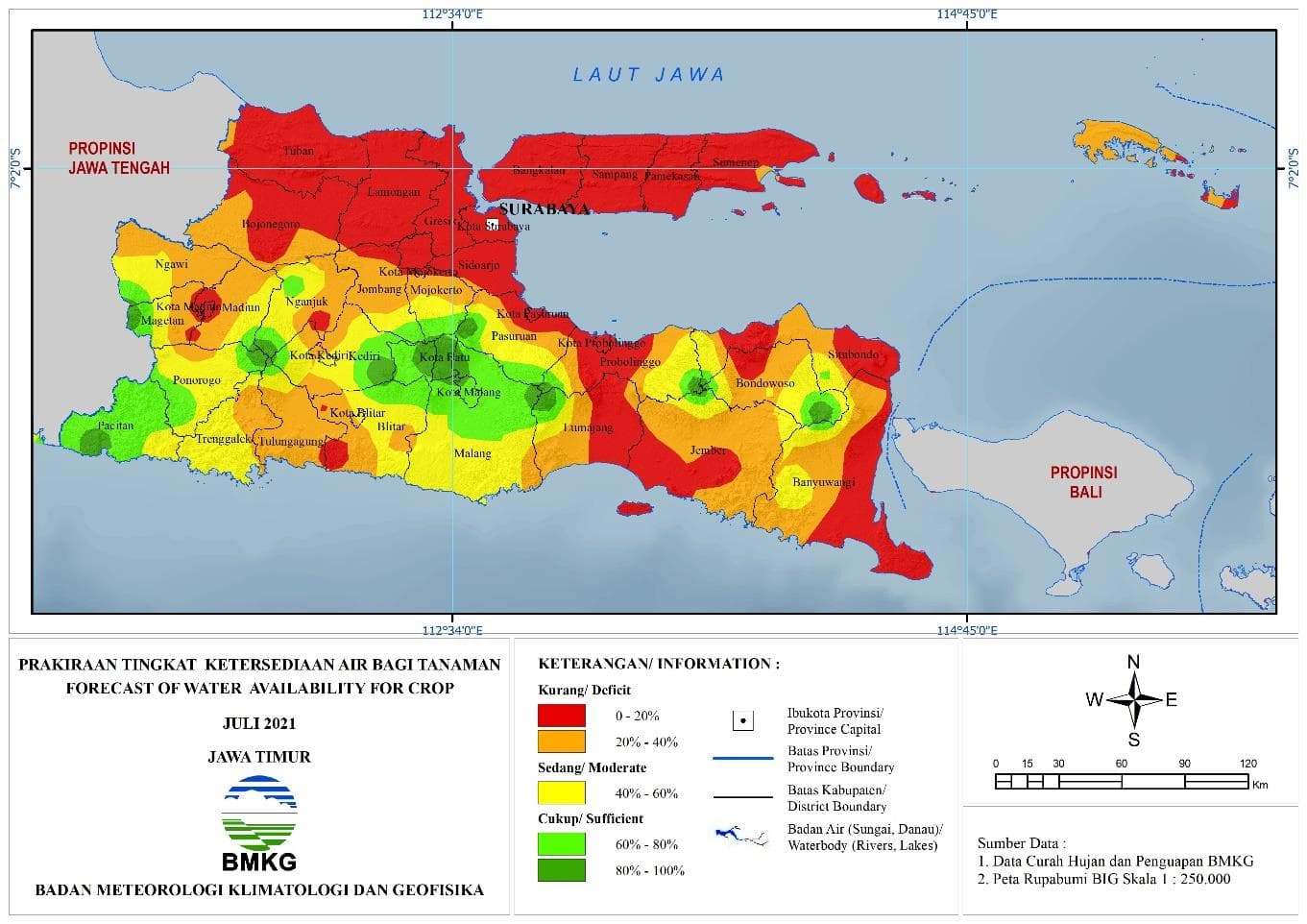 (Prakiraan - Bulanan) Tingkat Ketersediaan Air Bagi Tanaman di Jawa Timur Untuk Bulan JULI Tahun 2021 Update dari Analisis Bulan Mei 2021