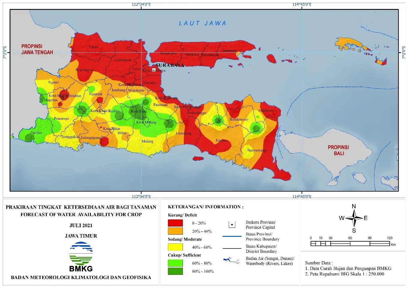 (Prakiraan - Bulanan) Tingkat Ketersediaan Air Bagi Tanaman di Jawa Timur Untuk Bulan JULI Tahun 2021 Update dari Analisis Bulan Mei 2021