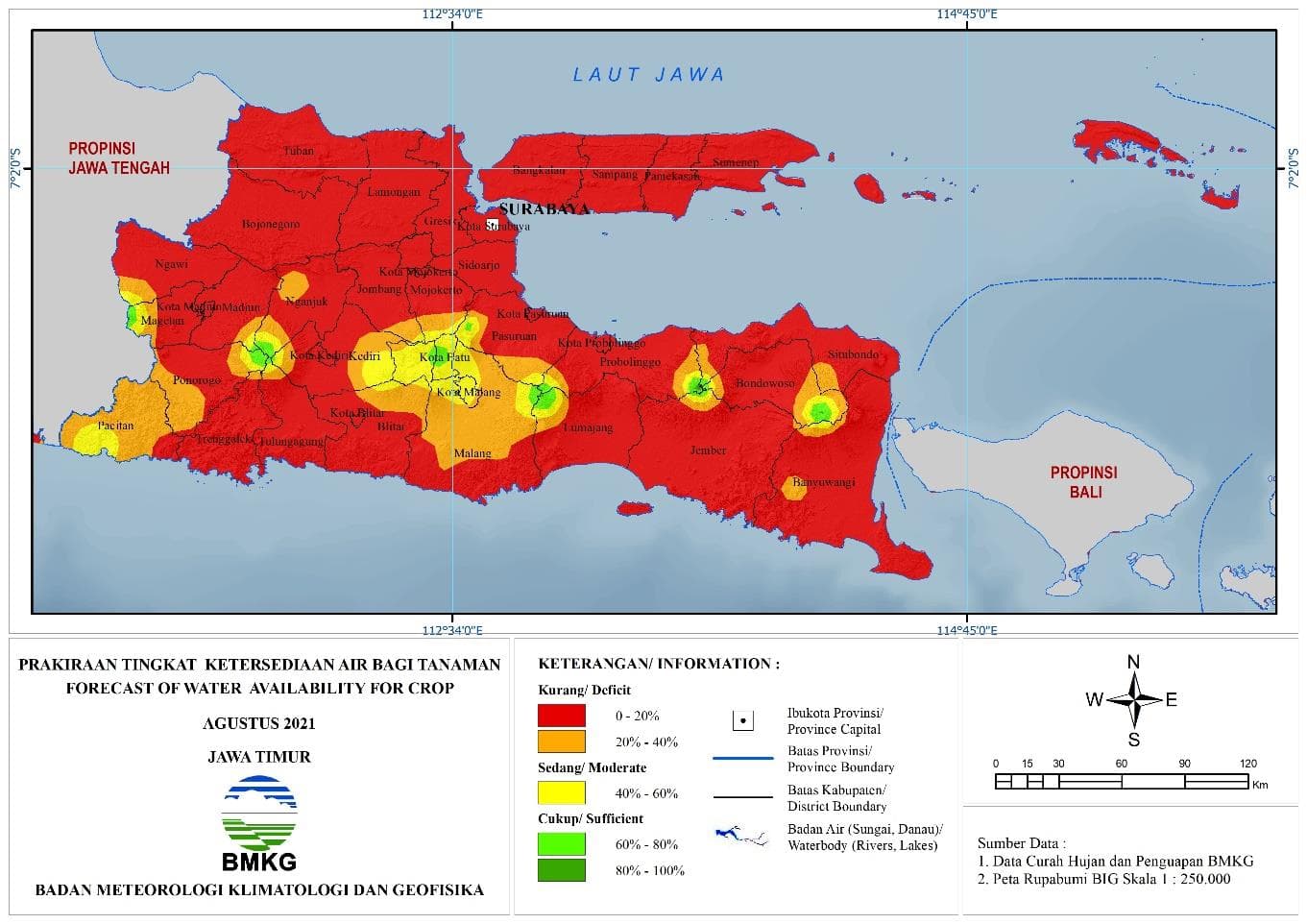 (Prakiraan - Bulanan) Tingkat Ketersediaan Air Bagi Tanaman di Jawa Timur Untuk Bulan AGUSTUS Tahun 2021 Update dari Analisis Bulan Mei 2021