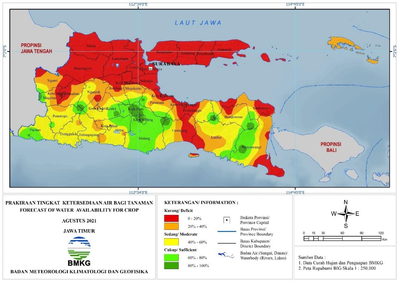(Prakiraan - Bulanan) Tingkat Ketersediaan Air Bagi Tanaman di Jawa Timur Untuk Bulan AGUSTUS Tahun 2021 Update dari Analisis Bulan Juni 2021