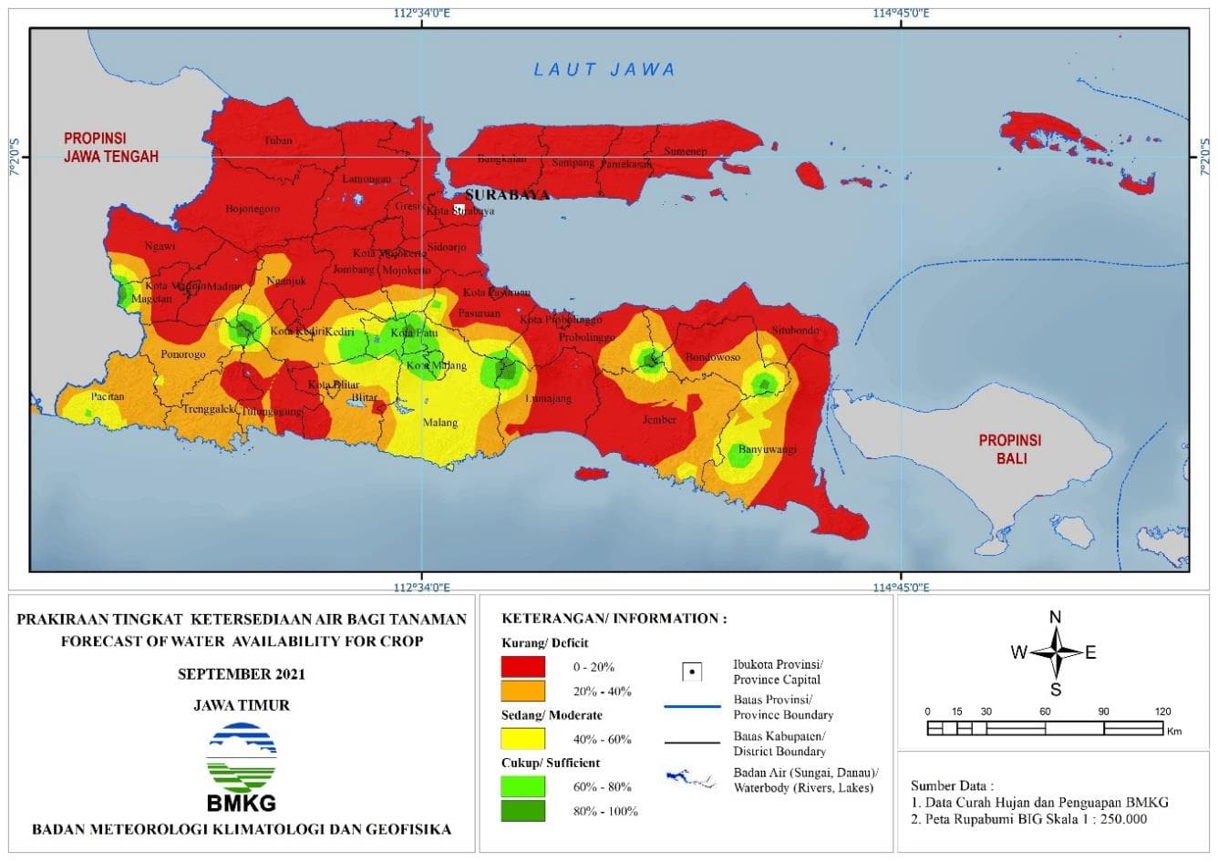 (Prakiraan - Bulanan) Tingkat Ketersediaan Air Bagi Tanaman di Jawa Timur Untuk Bulan SEPTEMBER Tahun 2021 Update dari Analisis Bulan Juni 2021