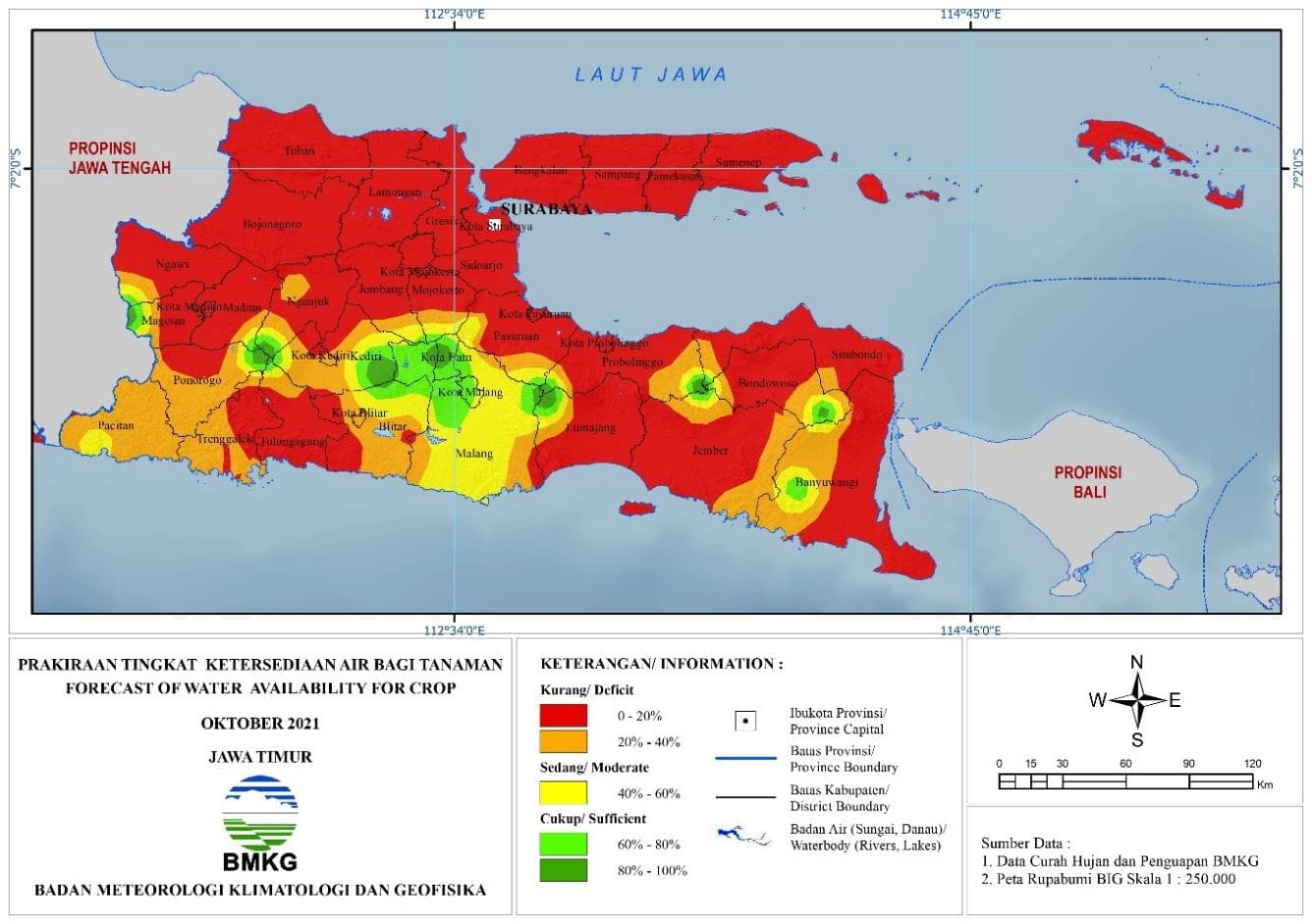 (Prakiraan - Bulanan) Tingkat Ketersediaan Air Bagi Tanaman di Jawa Timur Untuk Bulan OKTOBER Tahun 2021 Update dari Analisis Bulan Juni 2021