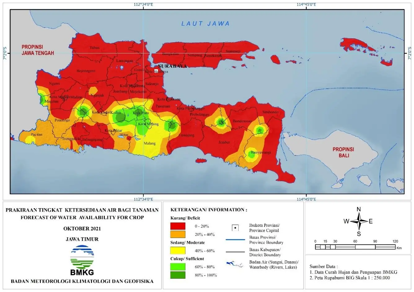 (Prakiraan - Bulanan) Tingkat Ketersediaan Air Bagi Tanaman di Jawa Timur Untuk Bulan OKTOBER Tahun 2021 Update dari Analisis Bulan Juni 2021