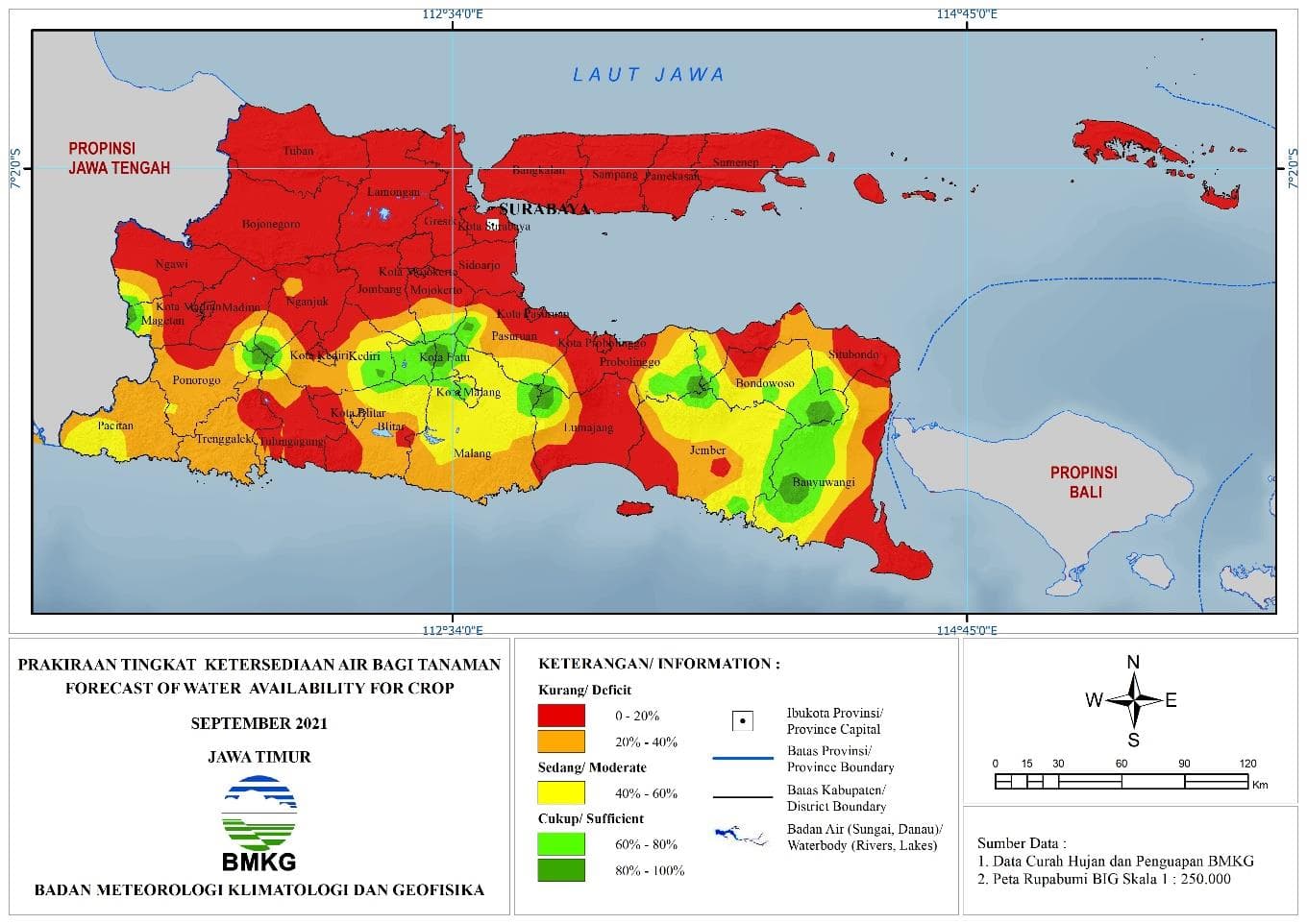 (Prakiraan - Bulanan) Tingkat Ketersediaan Air Bagi Tanaman di Jawa Timur Untuk Bulan SEPTEMBER Tahun 2021 Update dari Analisis Bulan Juli 2021