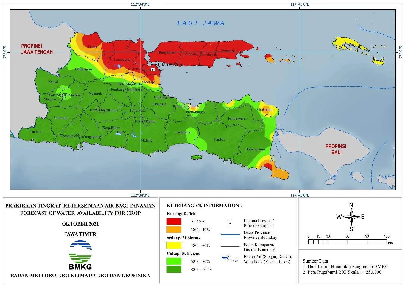 (Prakiraan - Bulanan) Tingkat Ketersediaan Air Bagi Tanaman di Jawa Timur Untuk Bulan OKTOBER Tahun 2021 Update dari Analisis Bulan Juli 2021