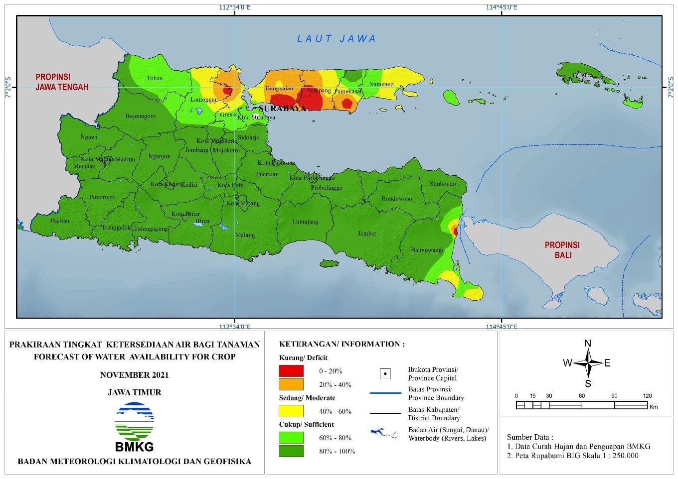 (Prakiraan - Bulanan) Tingkat Ketersediaan Air Bagi Tanaman di Jawa Timur Untuk Bulan NOVEMBER Tahun 2021 Update dari Analisis Bulan Juli 2021