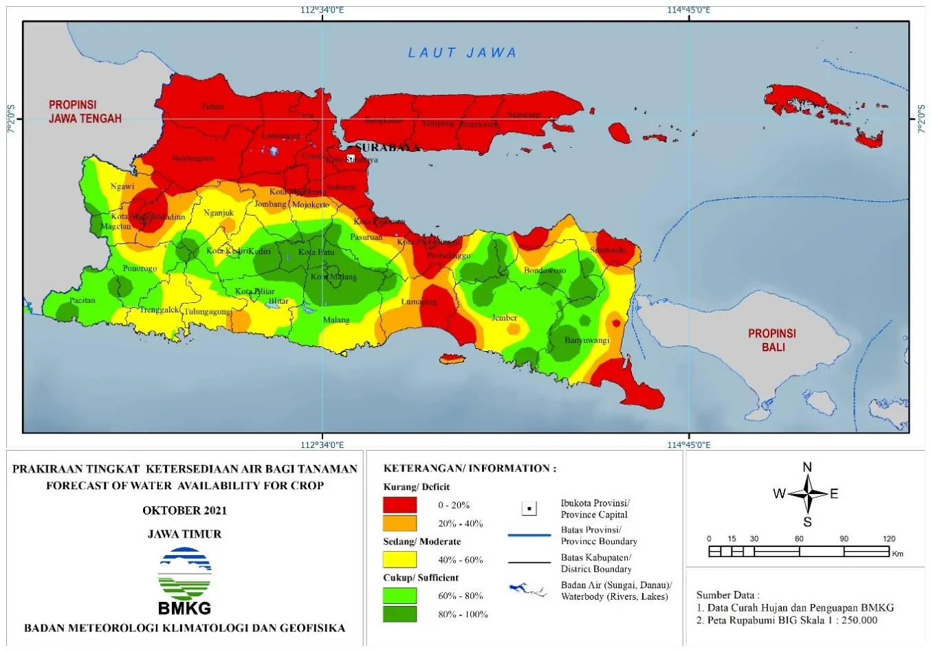 (Prakiraan - Bulanan) Tingkat Ketersediaan Air Bagi Tanaman di Jawa Timur Untuk Bulan OKTOBER Tahun 2021 Update dari Analisis Bulan Agustus 2021