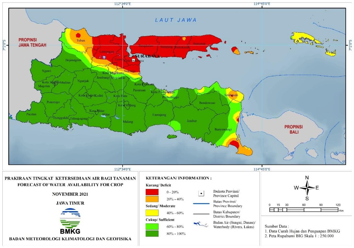 (Prakiraan - Bulanan) Tingkat Ketersediaan Air Bagi Tanaman di Jawa Timur Untuk Bulan NOVEMBER Tahun 2021 Update dari Analisis Bulan Agustus 2021