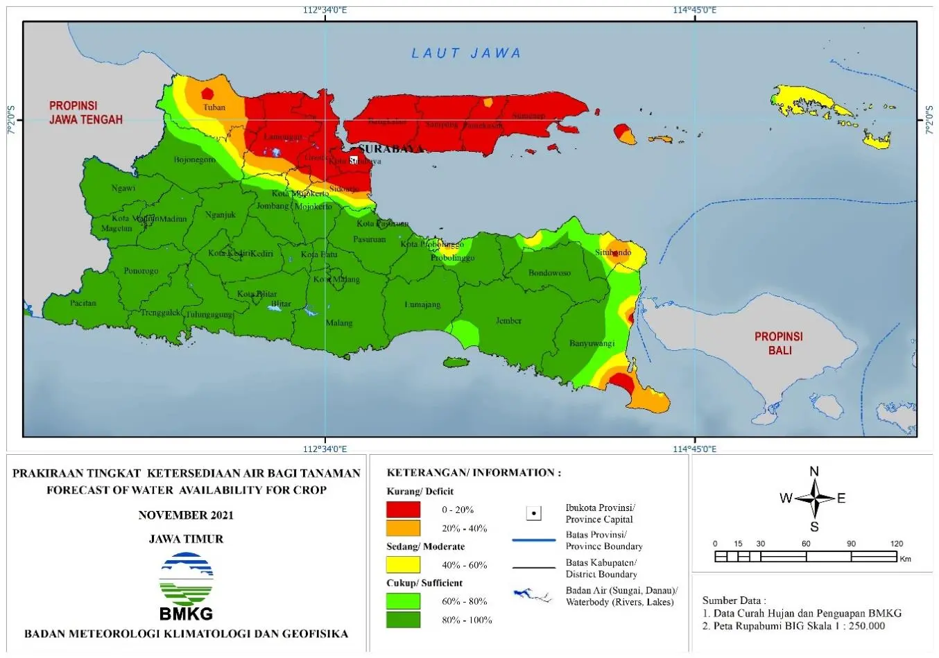 (Prakiraan - Bulanan) Tingkat Ketersediaan Air Bagi Tanaman di Jawa Timur Untuk Bulan NOVEMBER Tahun 2021 Update dari Analisis Bulan Agustus 2021