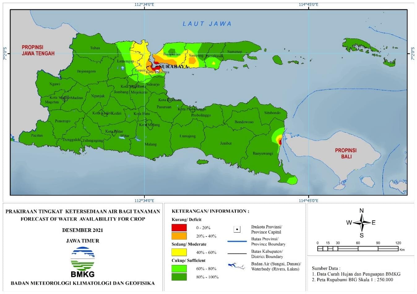 (Prakiraan - Bulanan) Tingkat Ketersediaan Air Bagi Tanaman di Jawa Timur Untuk Bulan DESEMBER Tahun 2021 Update dari Analisis Bulan Agustus 2021