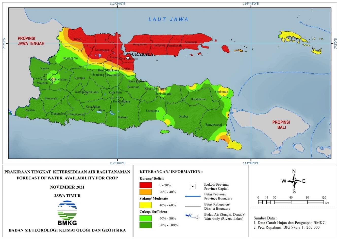 (Prakiraan - Bulanan) Tingkat Ketersediaan Air Bagi Tanaman di Jawa Timur Untuk Bulan NOVEMBER Tahun 2021 Update dari Analisis Bulan September 2021