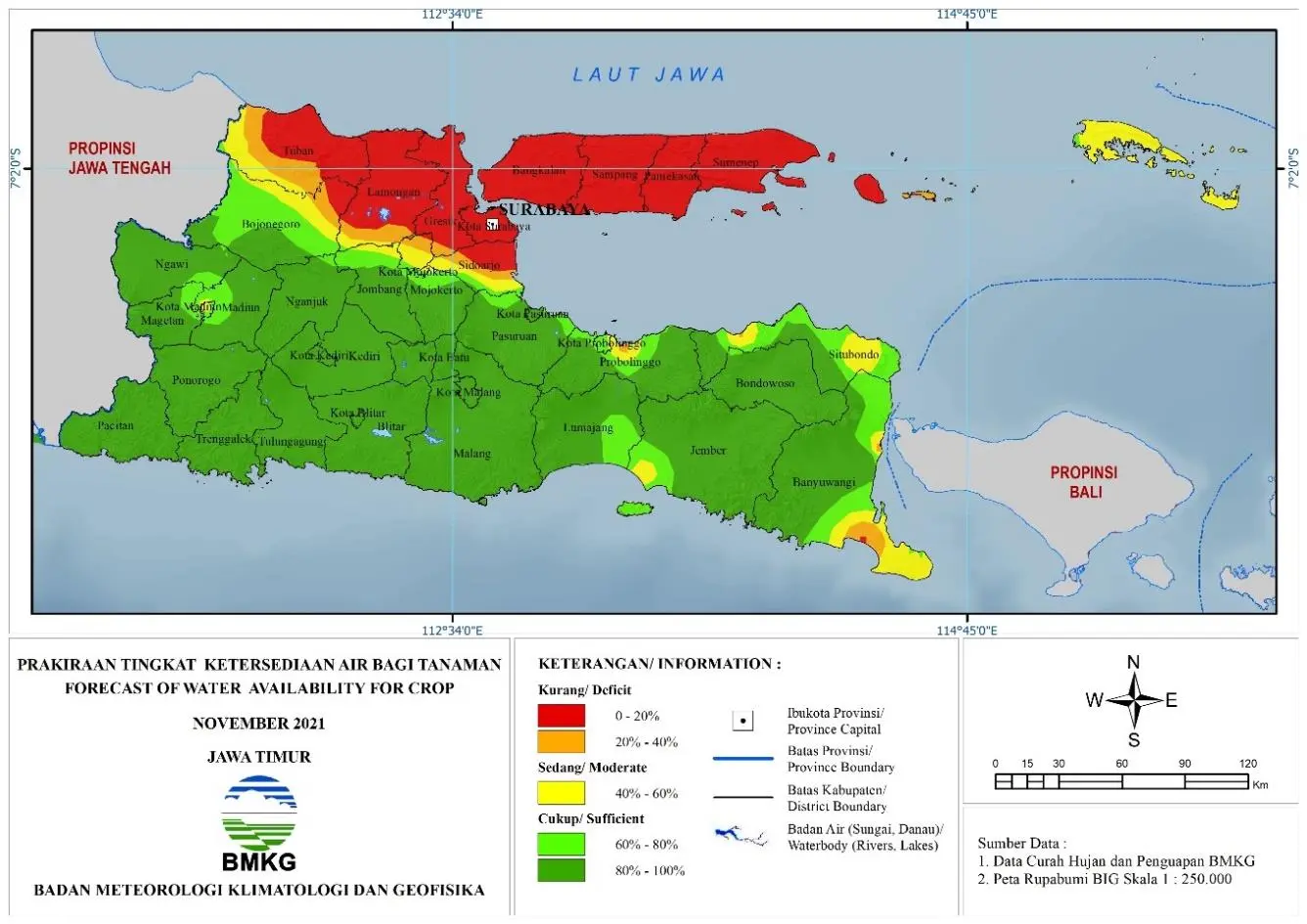 (Prakiraan - Bulanan) Tingkat Ketersediaan Air Bagi Tanaman di Jawa Timur Untuk Bulan NOVEMBER Tahun 2021 Update dari Analisis Bulan September 2021