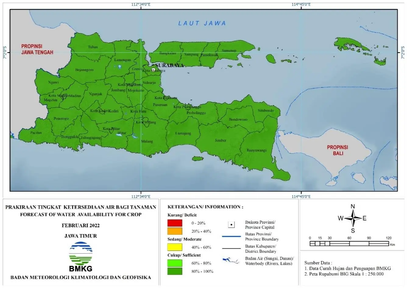 (Prakiraan - Bulanan) Tingkat Ketersediaan Air Bagi Tanaman di Jawa Timur Untuk Bulan FEBRUARI Tahun 2022 Update dari Analisis Bulan November 2021