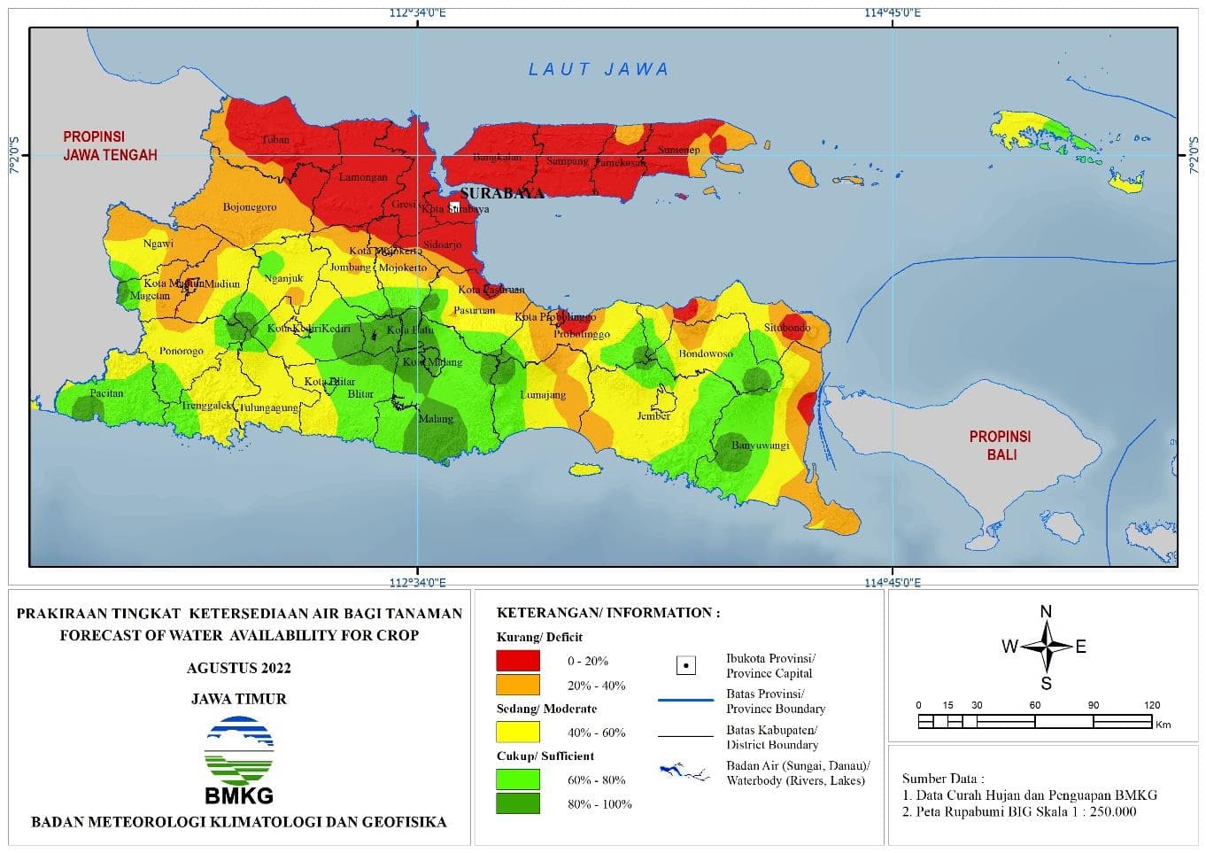 ( Prakiraan - Bulanan ) Tingkat Ketersediaan Air Bagi Tanaman di Jawa Timur Untuk Bulan AGUSTUS Tahun 2022 Update dari Analisis Bulan April Tahun 2022