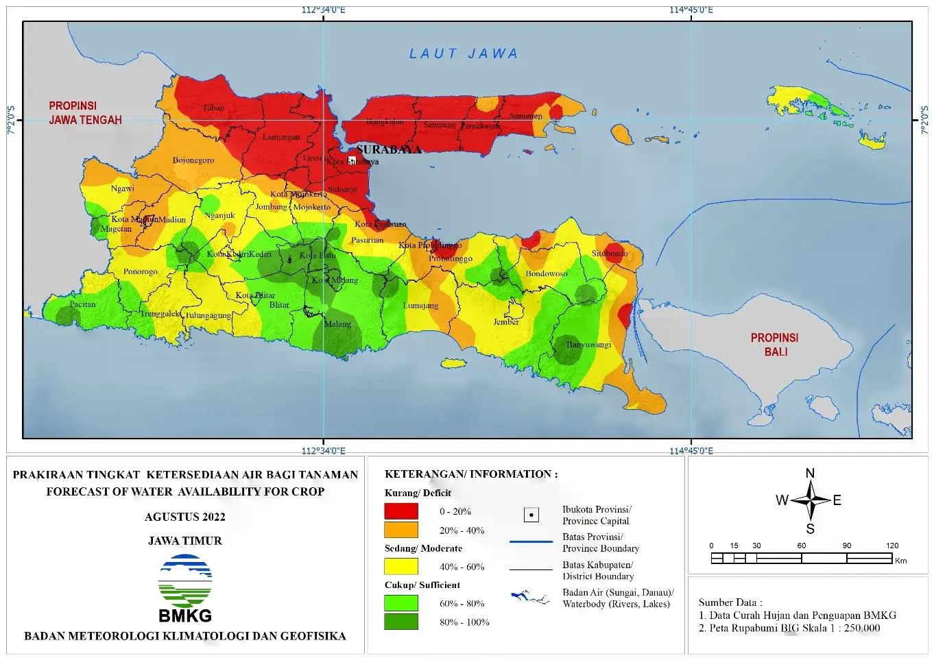 ( Prakiraan - Bulanan ) Tingkat Ketersediaan Air Bagi Tanaman di Jawa Timur Untuk Bulan AGUSTUS Tahun 2022 Update dari Analisis Bulan April Tahun 2022