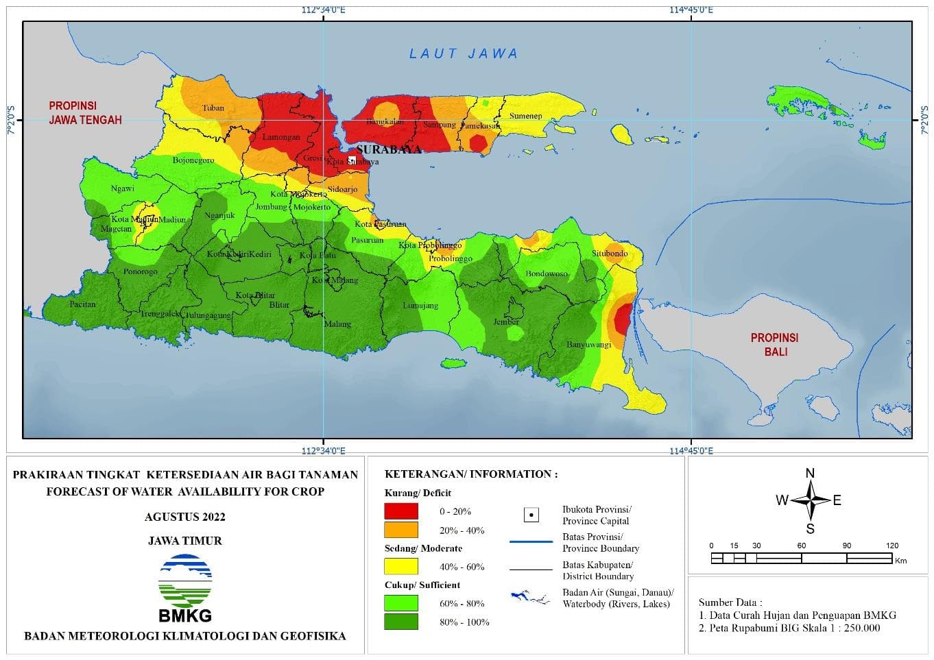 ( Prakiraan - Bulanan ) Tingkat Ketersediaan Air Bagi Tanaman di Jawa Timur Untuk Bulan AGUSTUS Tahun 2022 Update dari Analisis Bulan Mei Tahun 2022