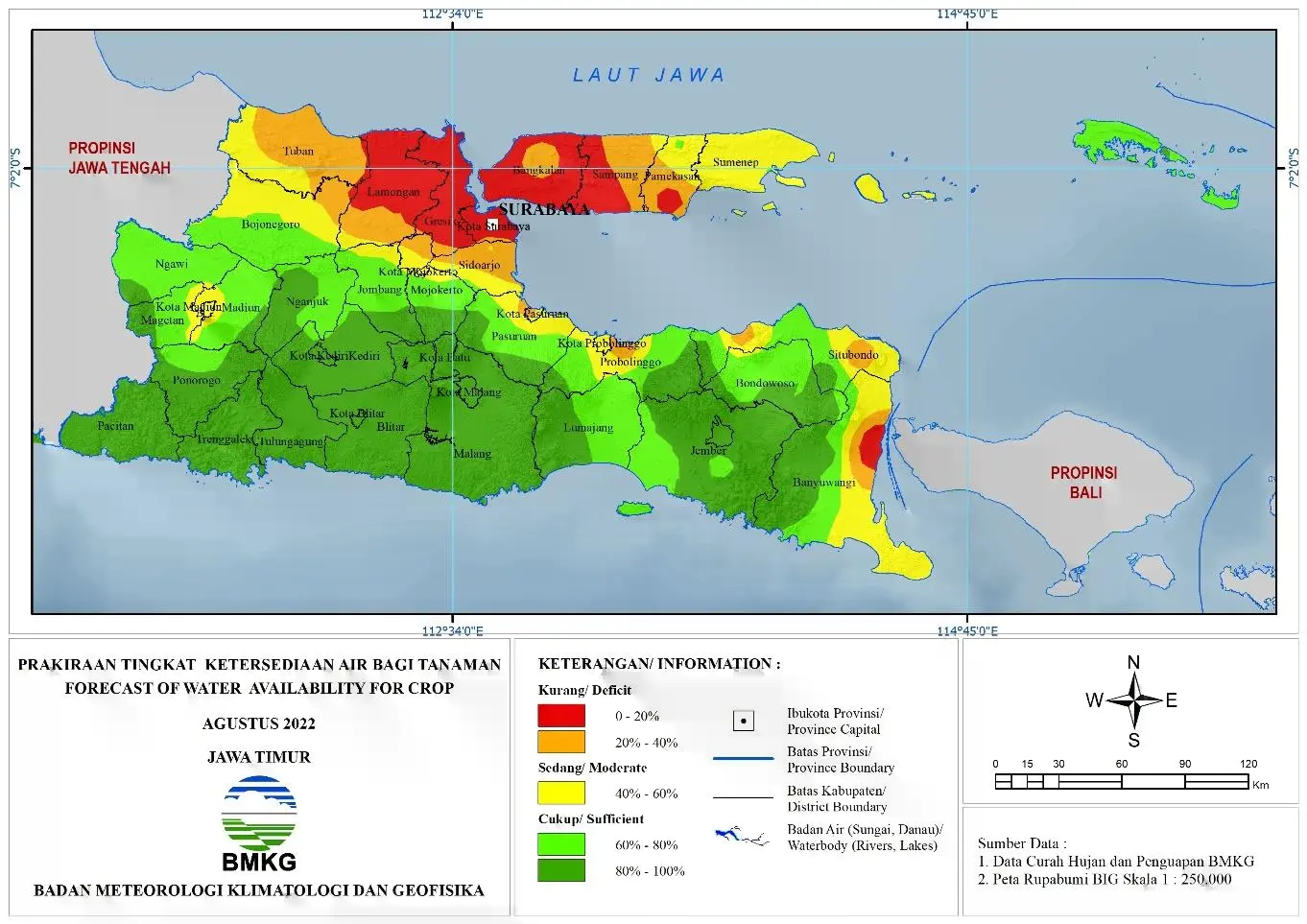 ( Prakiraan - Bulanan ) Tingkat Ketersediaan Air Bagi Tanaman di Jawa Timur Untuk Bulan AGUSTUS Tahun 2022 Update dari Analisis Bulan Mei Tahun 2022