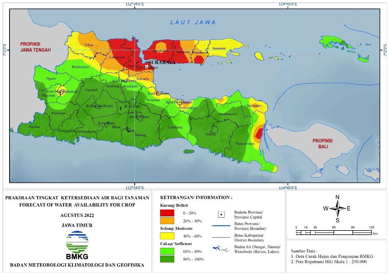( Prakiraan - Bulanan ) Tingkat Ketersediaan Air Bagi Tanaman di Jawa Timur Untuk Bulan AGUSTUS Tahun 2022 Update dari Analisis Bulan Juni Tahun 2022