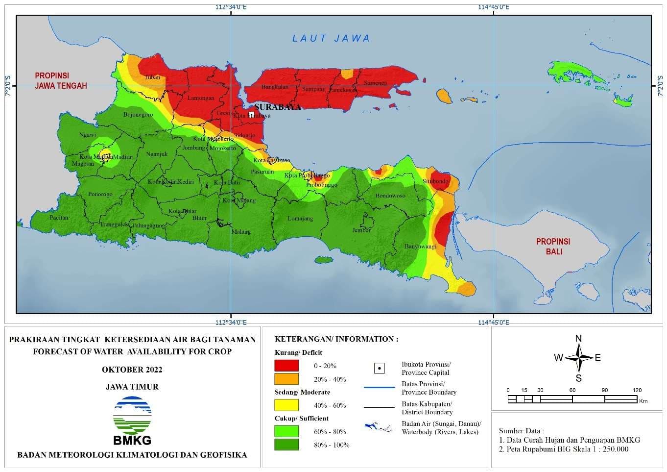 ( Prakiraan - Bulanan ) Tingkat Ketersediaan Air Bagi Tanaman di Jawa Timur Untuk Bulan OKTOBER Tahun 2022 Update dari Analisis Bulan Juni Tahun 2022
