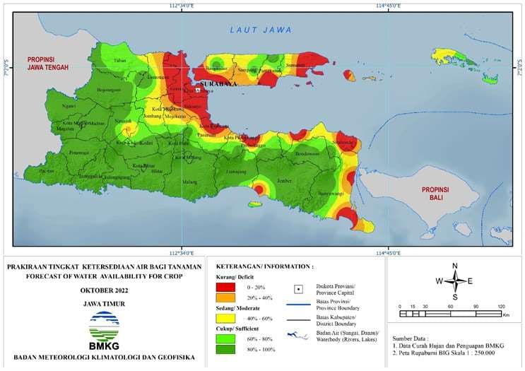 ( Prakiraan - Bulanan ) Tingkat Ketersediaan Air Bagi Tanaman di Jawa Timur Untuk Bulan OKTOBER Tahun 2022 Update dari Analisis Bulan Juli Tahun 2022