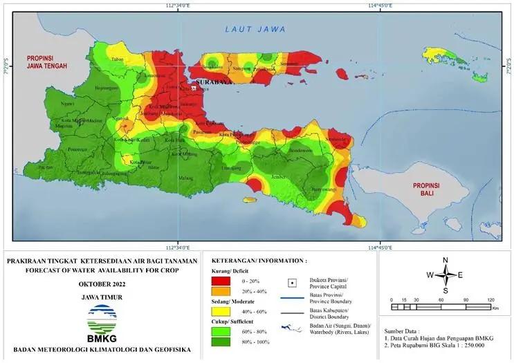 ( Prakiraan - Bulanan ) Tingkat Ketersediaan Air Bagi Tanaman di Jawa Timur Untuk Bulan OKTOBER Tahun 2022 Update dari Analisis Bulan Agustus Tahun 2022