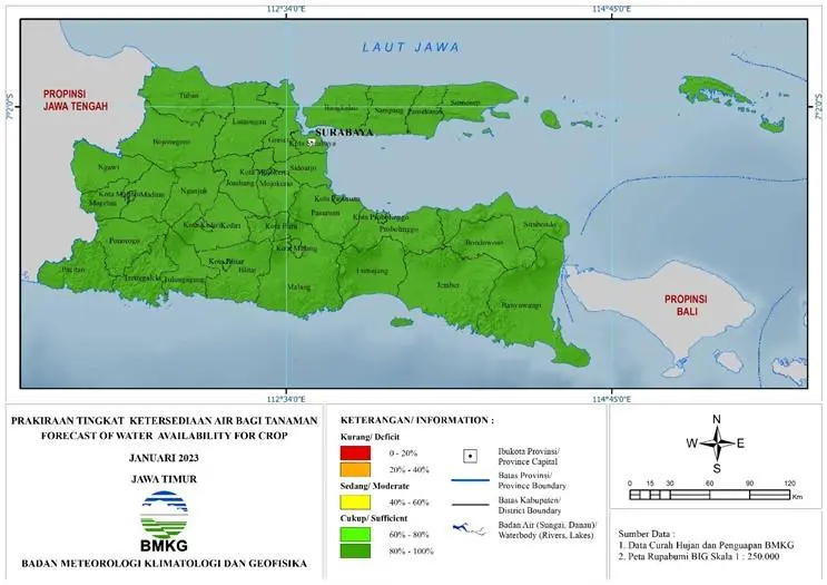 ( Prakiraan - Bulanan ) Tingkat Ketersediaan Air Bagi Tanaman di Jawa Timur Untuk Bulan JANUARI Tahun 2023 Update dari Analisis Bulan Oktober Tahun 2022
