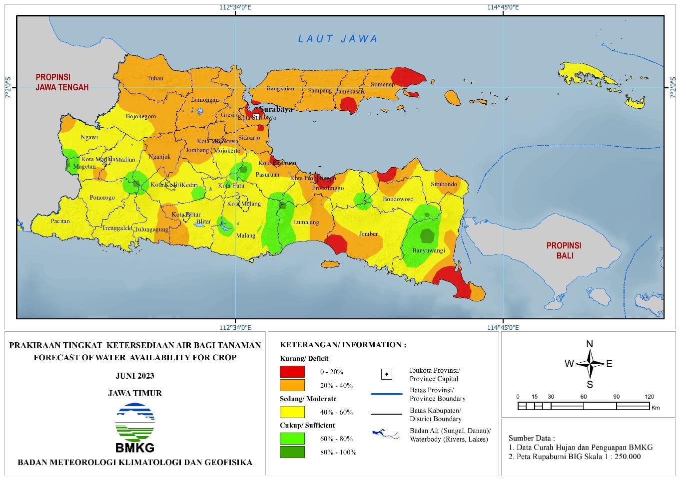 ( Prakiraan - Bulanan ) Tingkat Ketersediaan Air Bagi Tanaman di Jawa Timur Untuk Bulan JUNI Tahun 2023 Update dari Analisis Bulan Februari Tahun 2023