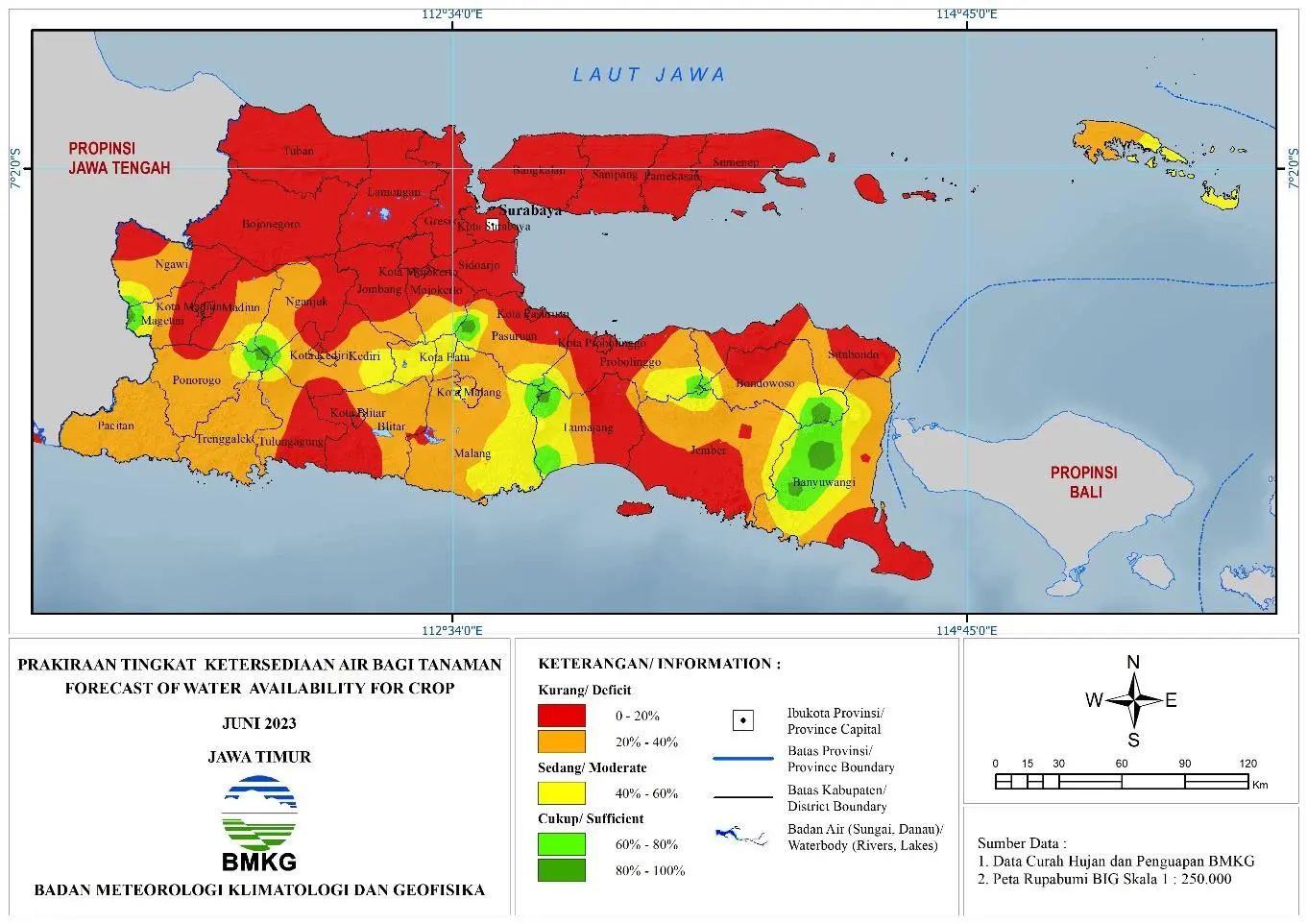 ( Prakiraan - Bulanan ) Tingkat Ketersediaan Air Bagi Tanaman di Jawa Timur Untuk Bulan JUNI Tahun 2023 Update dari Analisis Bulan Maret Tahun 2023
