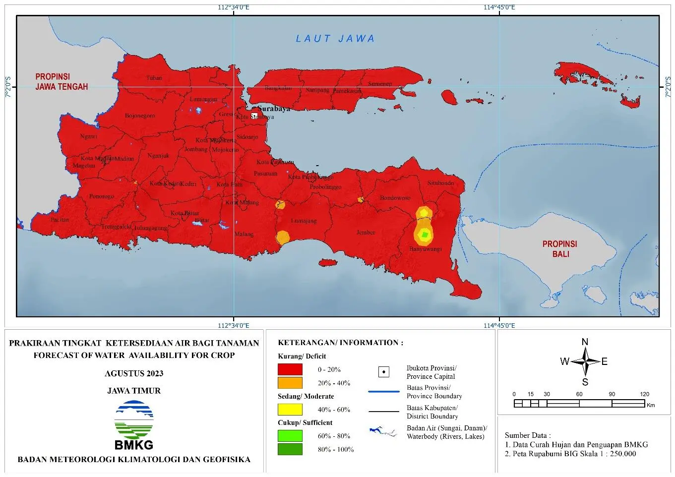 ( Prakiraan - Bulanan ) Tingkat Ketersediaan Air Bagi Tanaman di Jawa Timur Untuk Bulan AGUSTUS Tahun 2023 Update dari Analisis Bulan April Tahun 2023