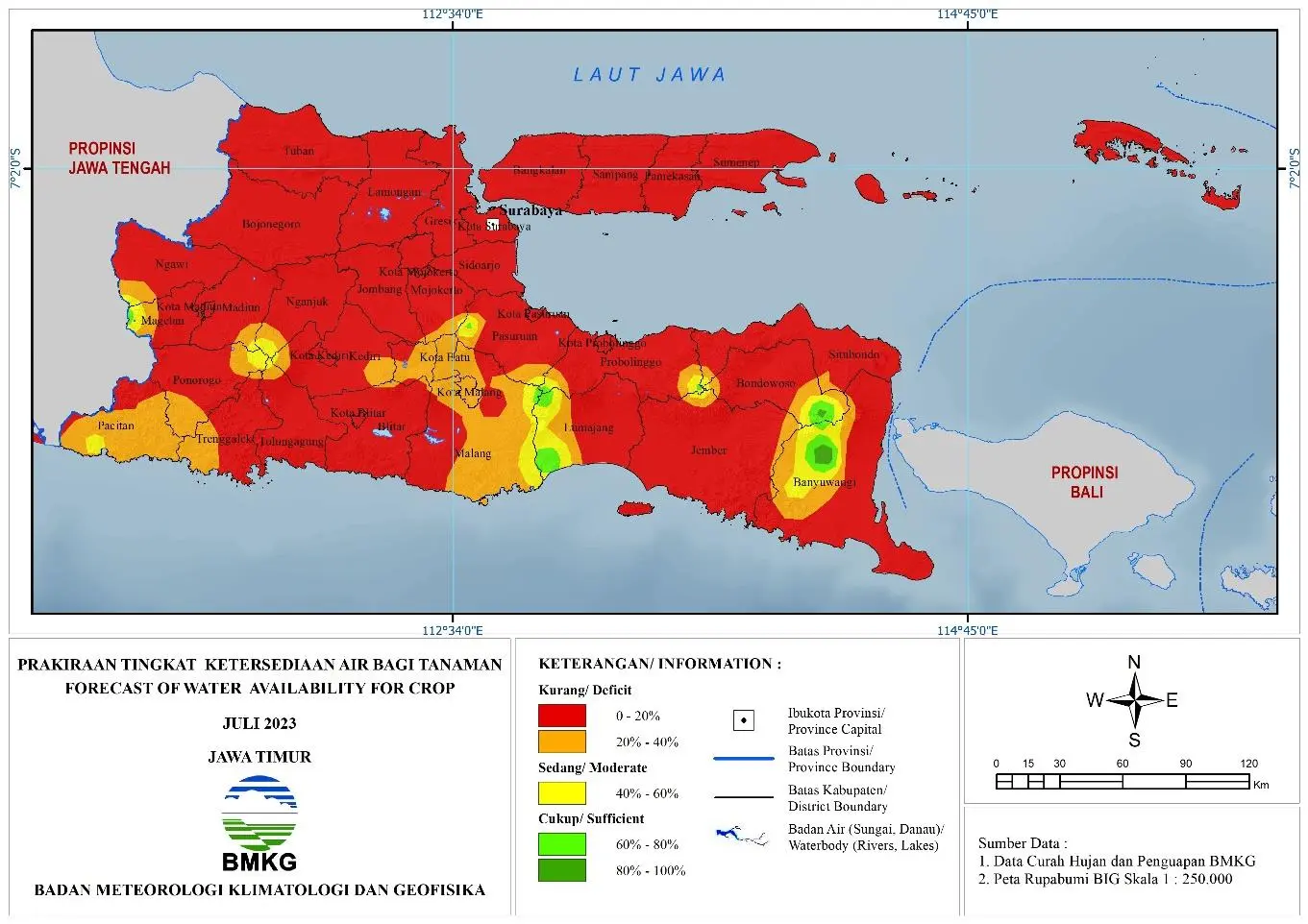 ( Prakiraan - Bulanan ) Tingkat Ketersediaan Air Bagi Tanaman di Jawa Timur Untuk Bulan JULI Tahun 2023 Update dari Analisis Bulan Mei Tahun 2023